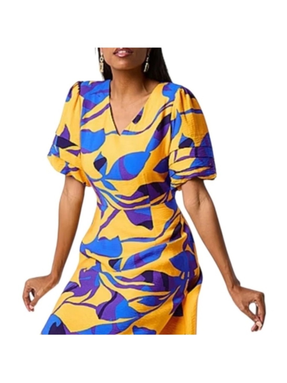 Liz Claiborne Yellow Blue Purple Abstract V-Neck Puff Sleeve Midi Dress